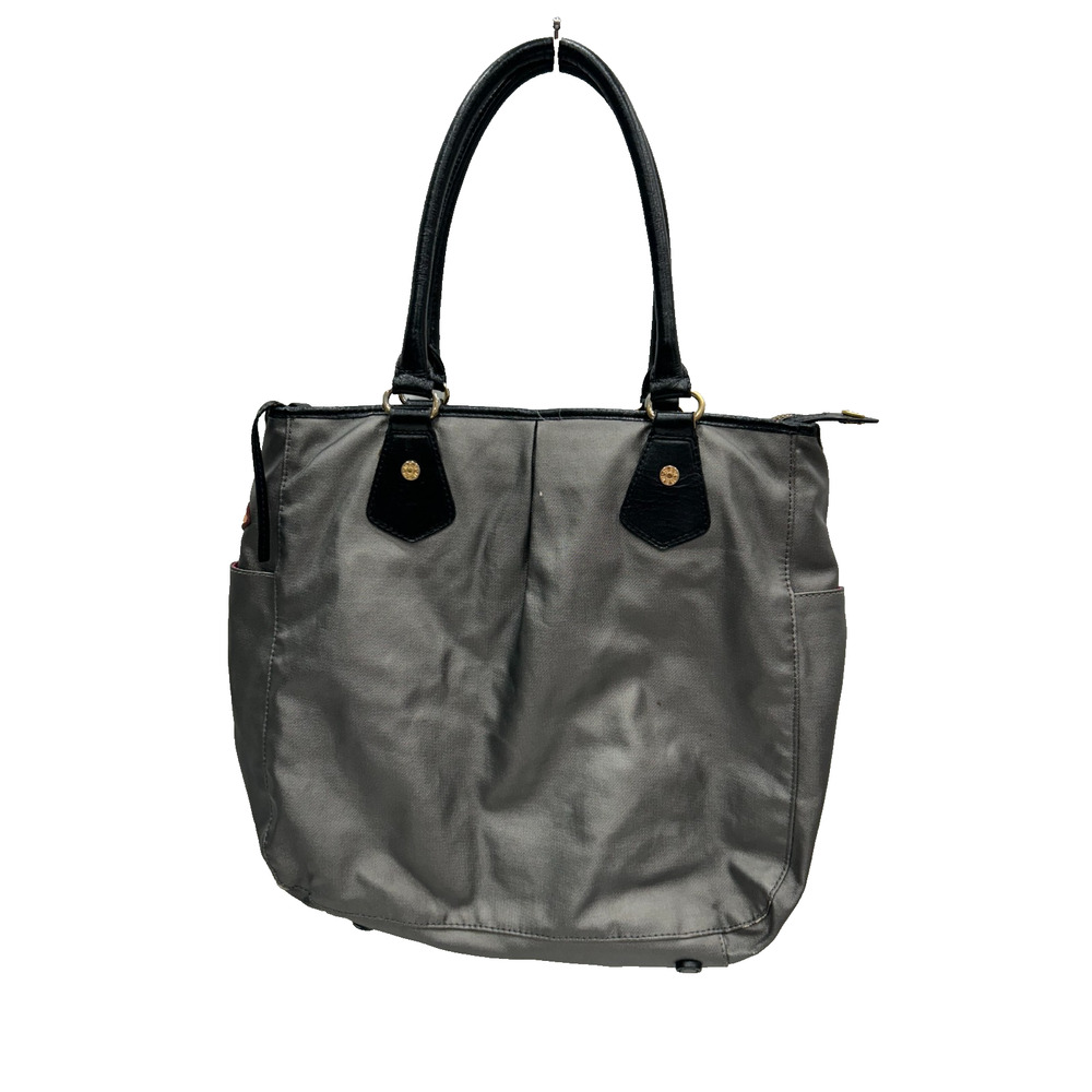 MZ Wallace Womens Gray Black Leather Trim Zip Top Shoulder Tote Bag